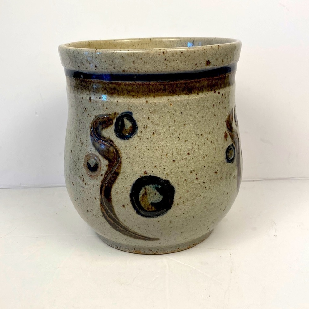 Studio art pottery vase neutral brown black abstract swirls and dots 5”x  6”